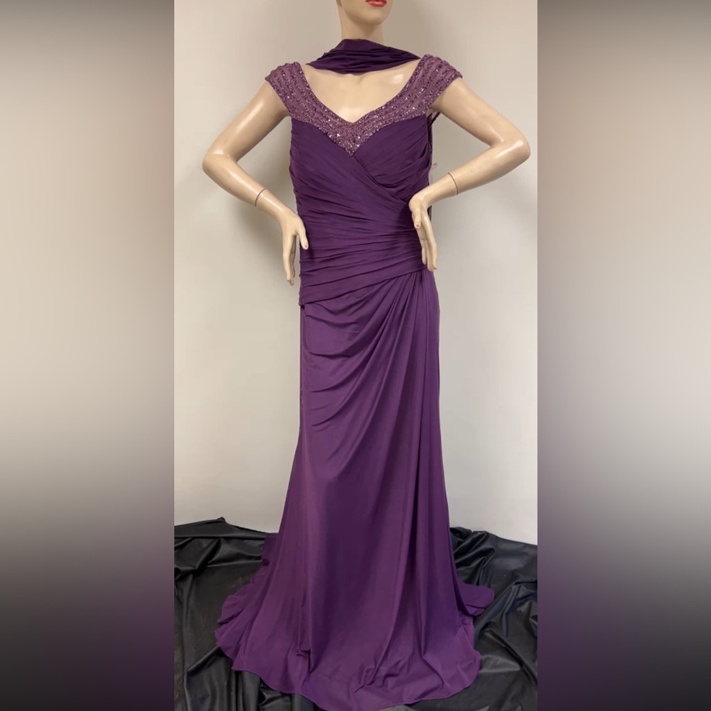 Montage by Mon Cheri beaded V-Neck sleeveless ruched bodice long gown